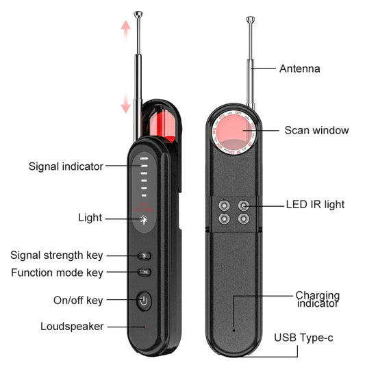 Black handheld detector with antenna, scan window, LED IR light, and button panel