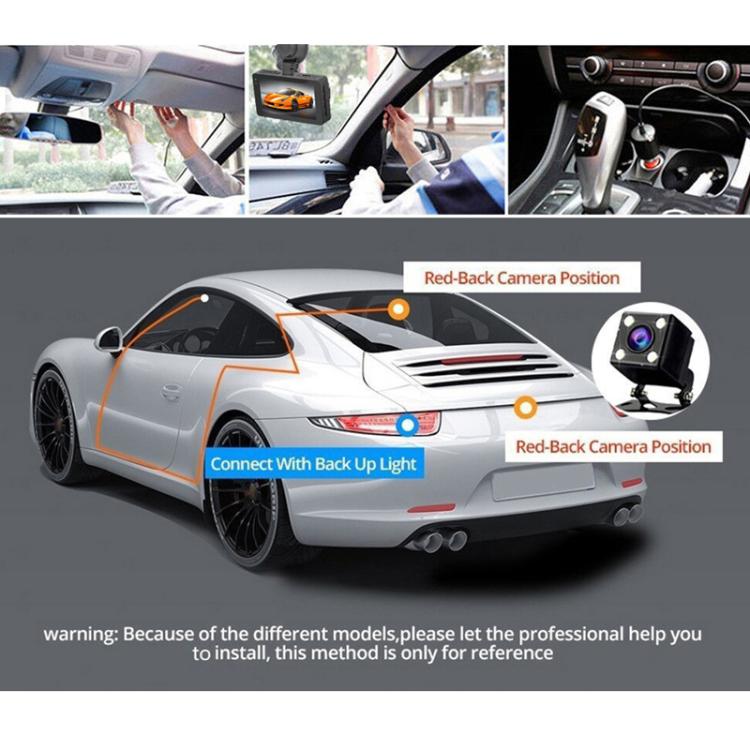 Dashcam installation shown on a white car with rear camera position points