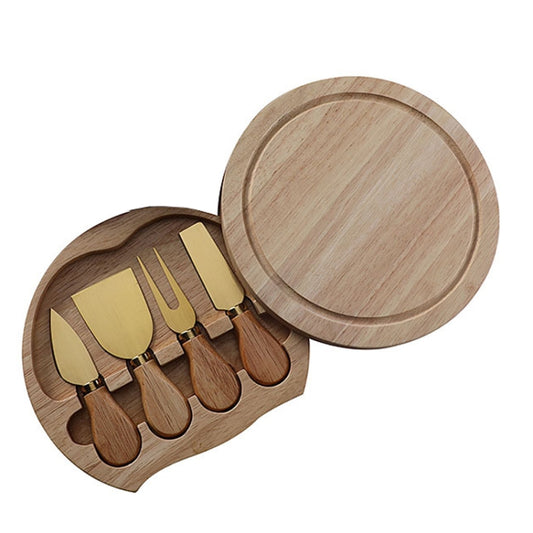 4pcs /Set Round Oak Box Cheese Knife Spatula Stainless Steel Cheese Tools Cutlery, Steel Color, Black, Gold