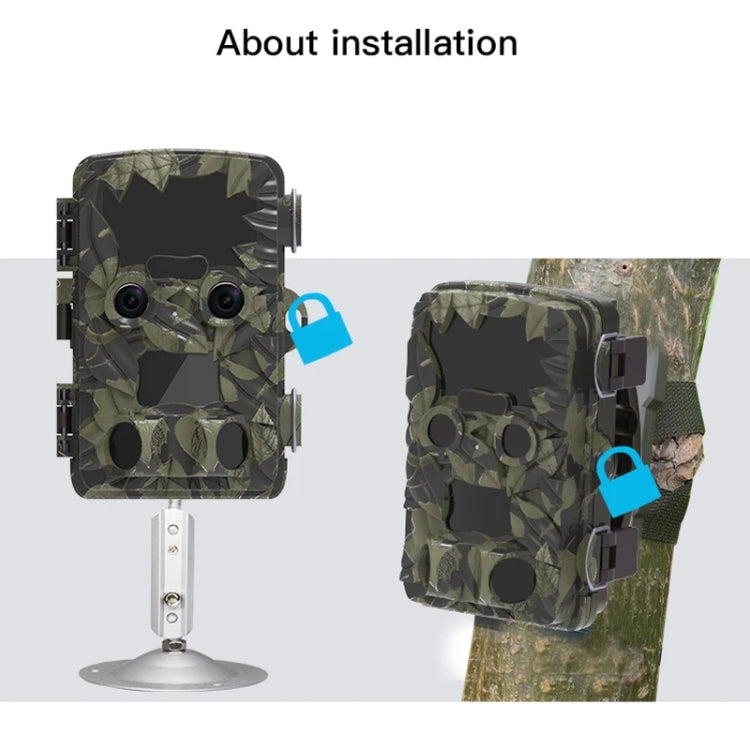 Camouflaged trail camera with mounting bracket and straps, front and side views