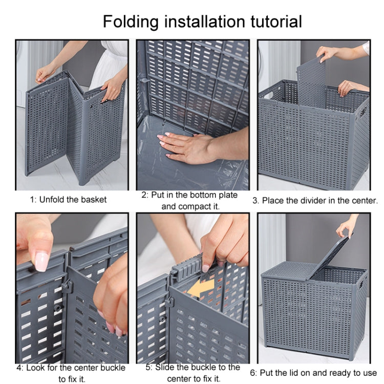 Foldable plastic laundry hamper showing unfolded and reassembled basket parts