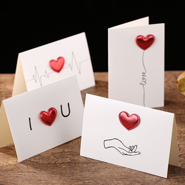 Valentine greeting cards with red heart designs, including “I heart U” and hand outline