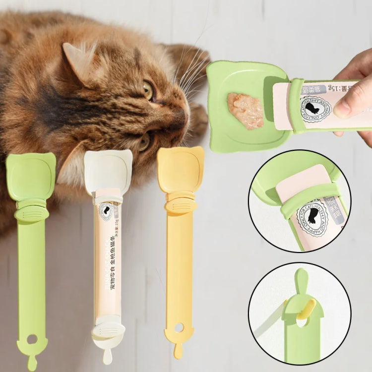 Cat strip squeezer feeder spoon set, green squeeze pouch with beige tip
