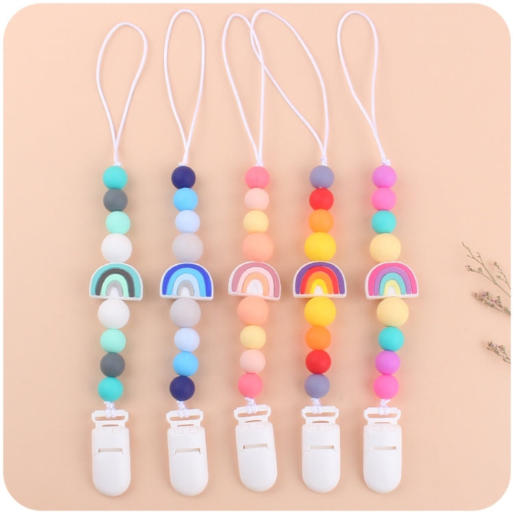 Set of five baby pacifier chain clips with rainbow beads and white silicone holders