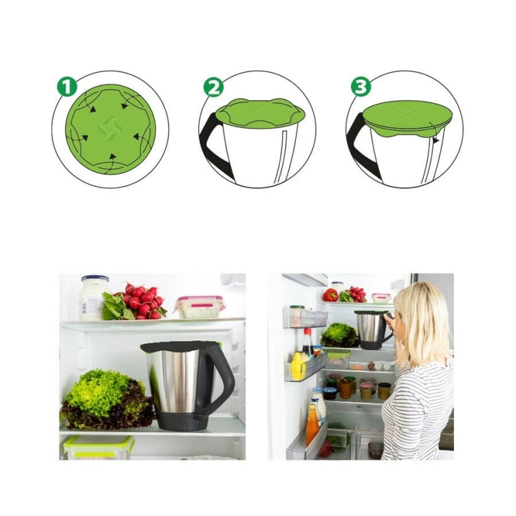 Silicone sealing lid for pot storage, illustrated use steps with icons