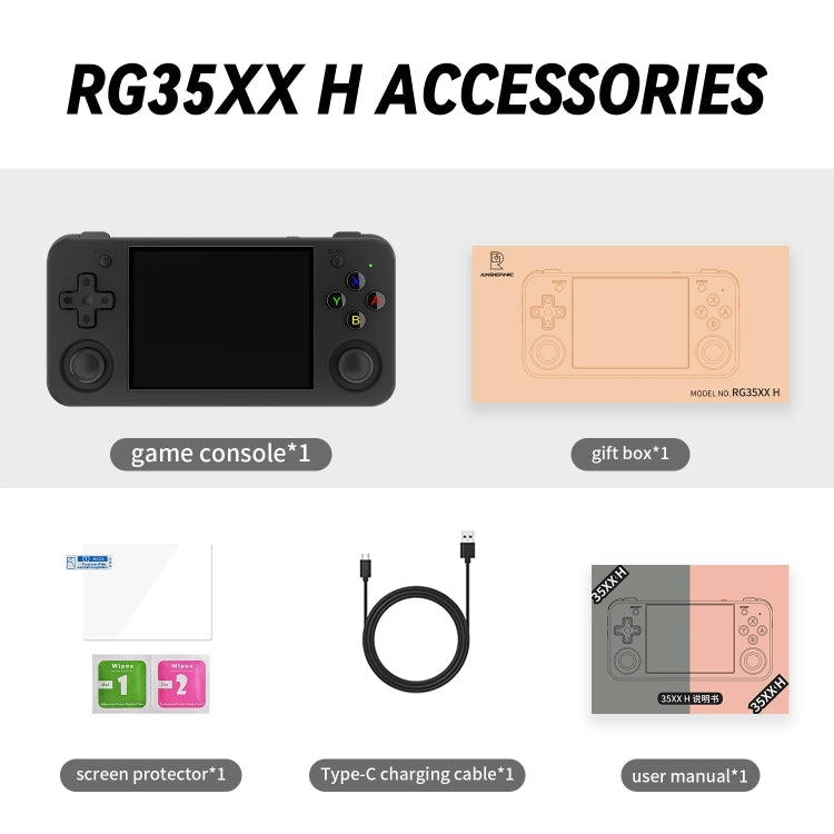 Handheld game console accessories pack with console, cable, and user manual