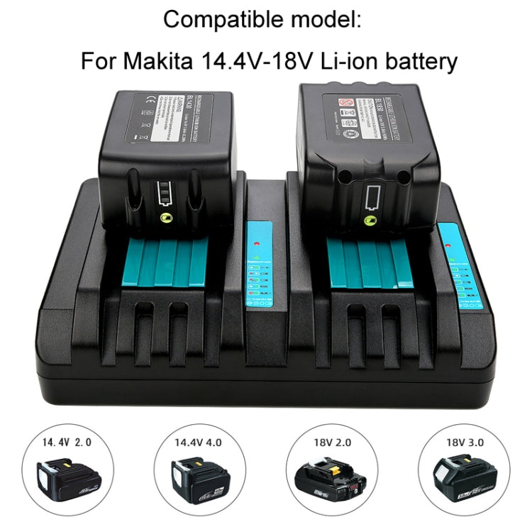Dual-bay charger holding two batteries in teal-lined charging bays