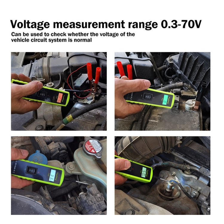 Voltage measurement tester with green LCD and probe tips connected to vehicle circuit leads