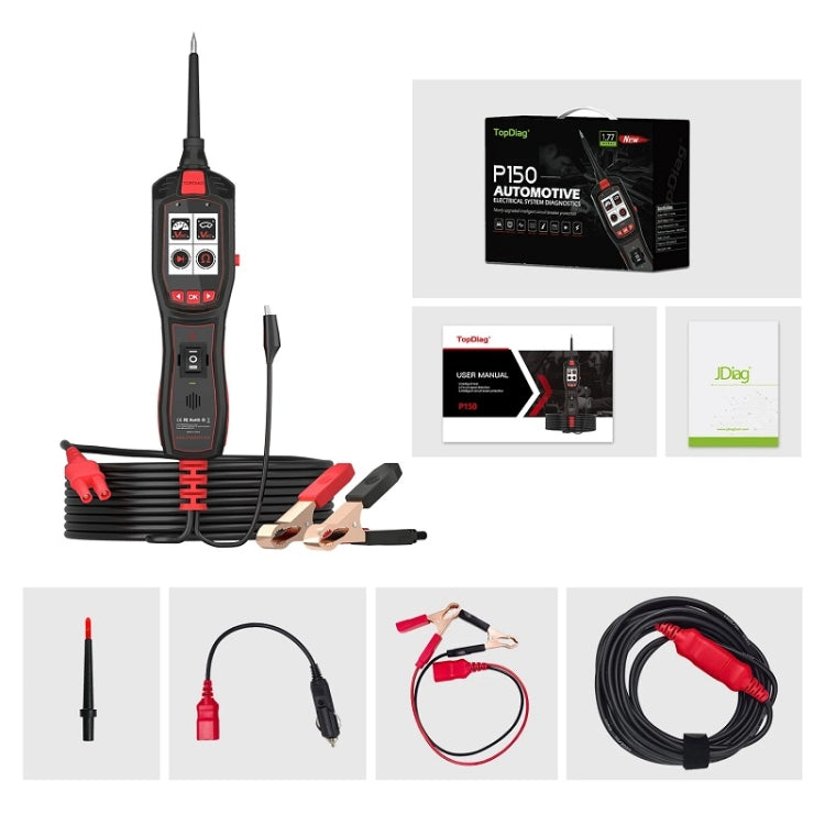 Automotive electrical tester kit with probe, ground clamp, and coiled red/black cable