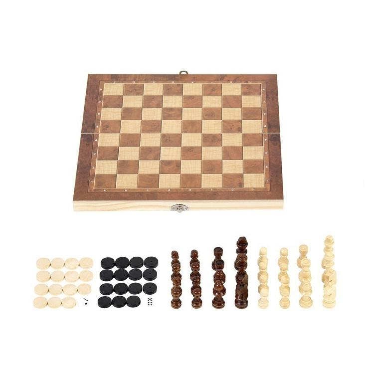 Foldable wooden game board with mixed pieces laid out, including chess, checkers, and backgammon