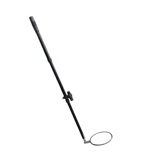 Retractable handheld inspection mirror with black telescoping handle and round acrylic lens