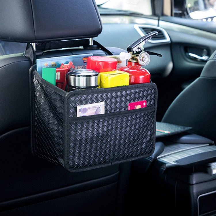 Car hanging storage box with woven texture, holding bottles and cards, black