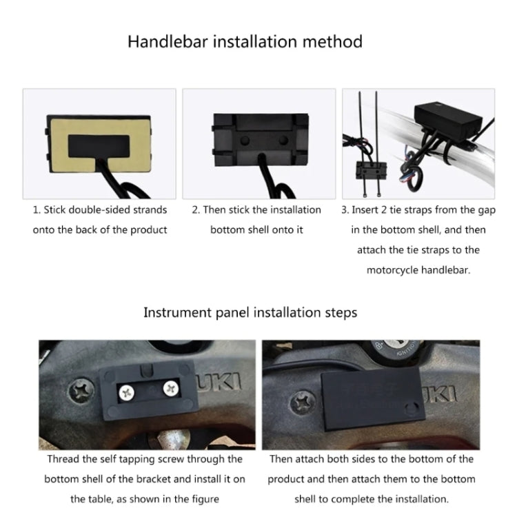 Mounting guide for handlebar and instrument panel installation with strap and screw diagrams