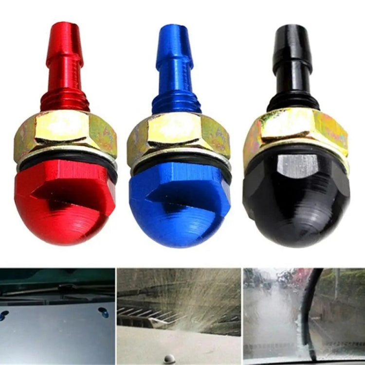 Set of red, blue, and black automotive glass washer sprayer nozzles with caps