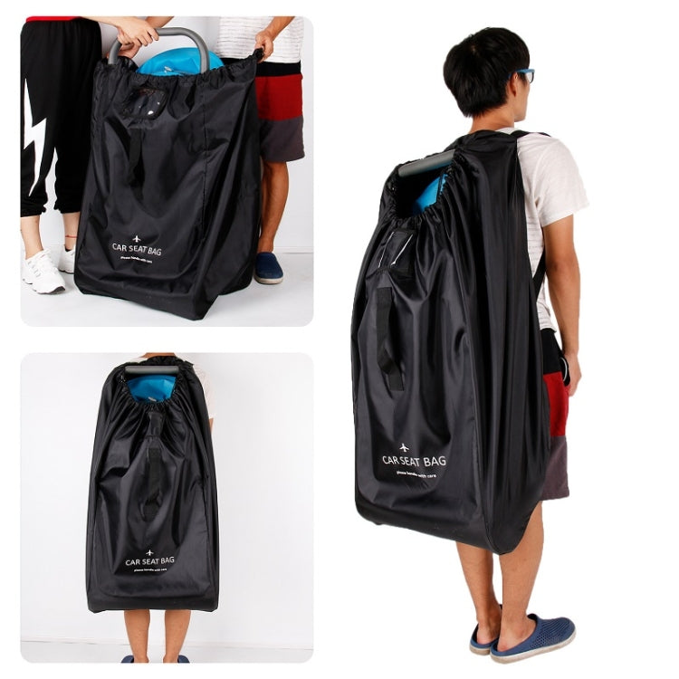 Black car seat travel bag carried on back with front pocket, lifting handles