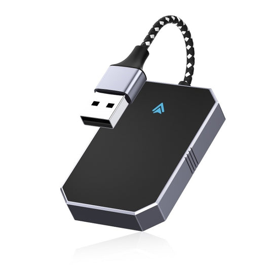 Car wireless adapter box with braided USB cable and indicator icon