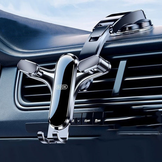 Triangular air-vent phone holder with chrome frame and black clamp cradle
