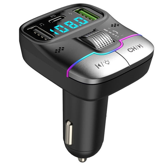 Black car Bluetooth MP3 player with LED display, USB ports, and metal card reader module