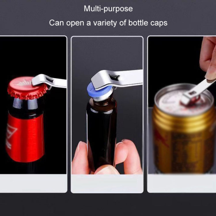 Stainless steel multifunction cap opener for opening different bottle cap styles.