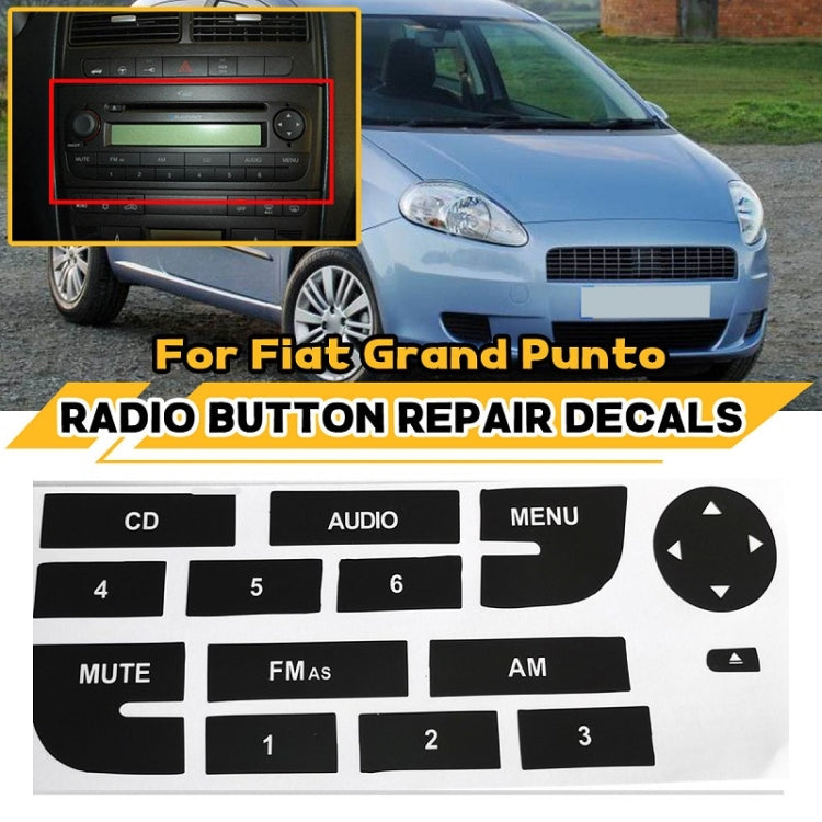 Radio button repair decals sheet featuring CD, AUDIO, MENU, MUTE, FM AS, AM, and 1–3