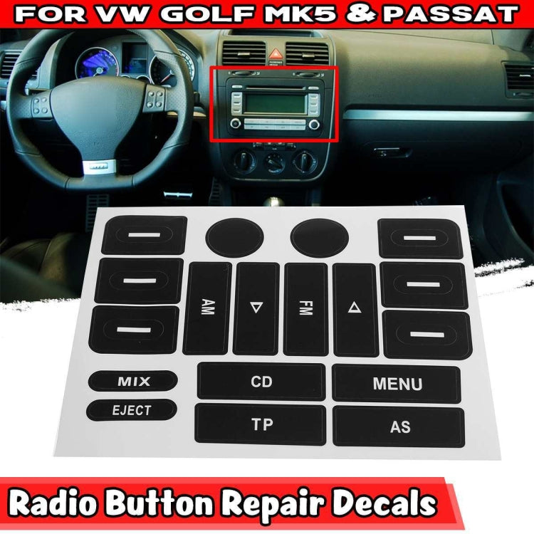 Radio button repair decals on a car radio area, black button layout on white sheet