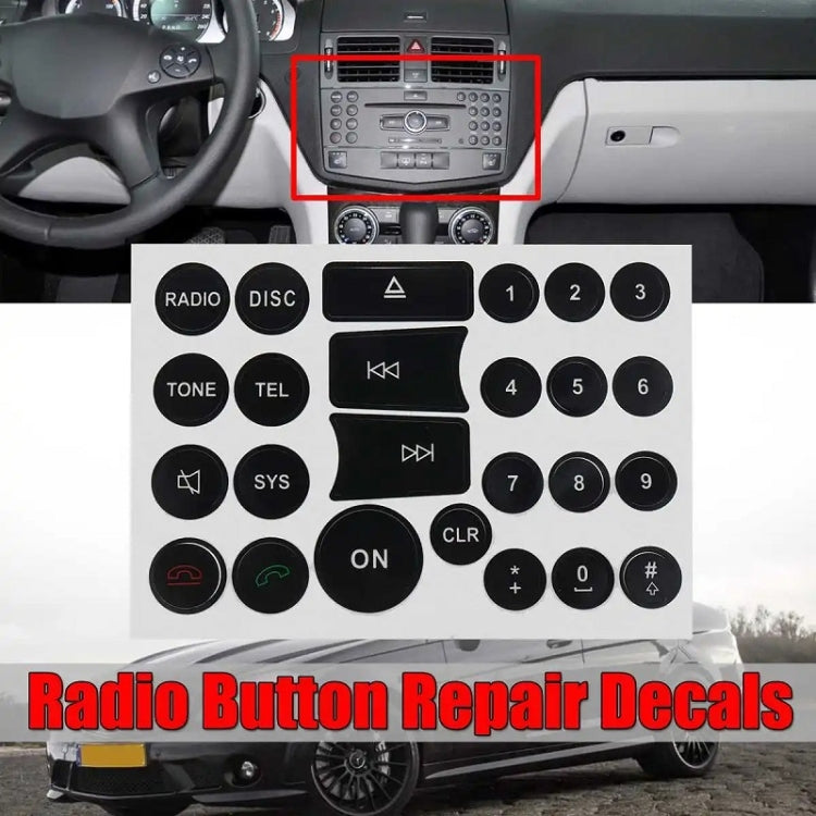Radio button repair sticker sheet laid over a car radio control panel