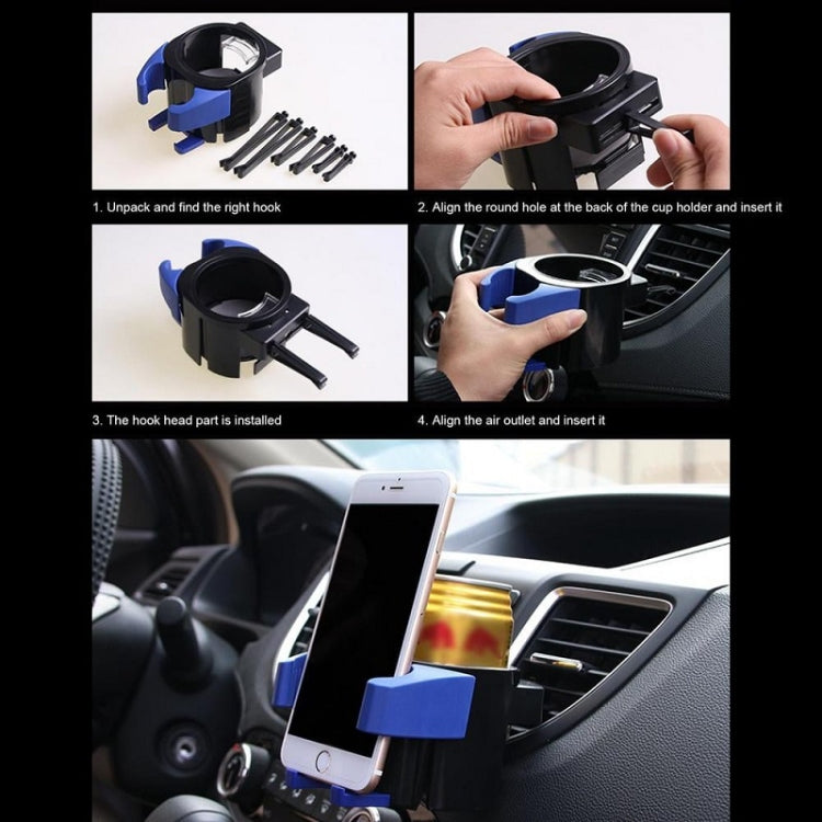 Car air vent cup and phone holder attachment, blue and black with dual inserts