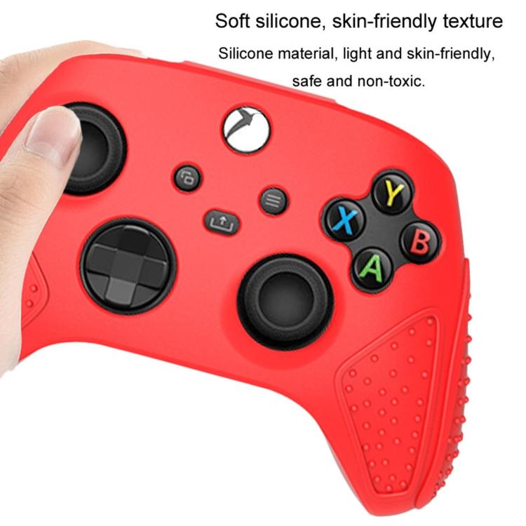 Red silicone protective gamepad case with textured grip dots and controller button openings