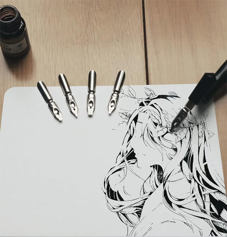 Five metal dip pens with black handles on sketch paper for calligraphy.