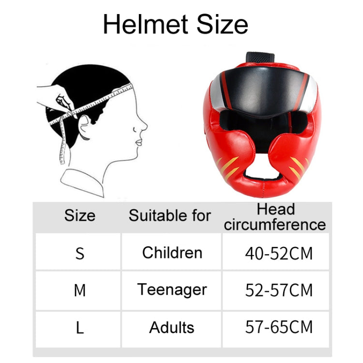 Boxing sparring helmet size chart for S, M, L with head circumference ranges
