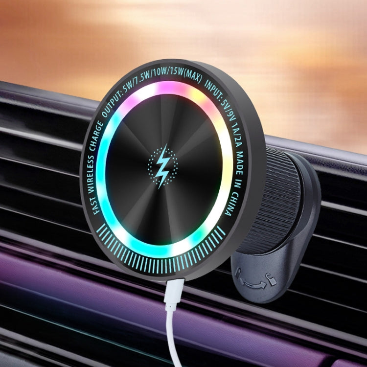 Dark gray car phone charging holder with glowing LED ring and USB cable