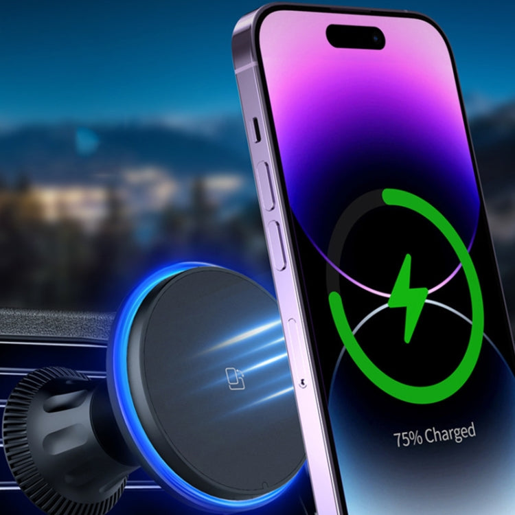 Car magnetic wireless charging holder with blue LED ring while phone charges