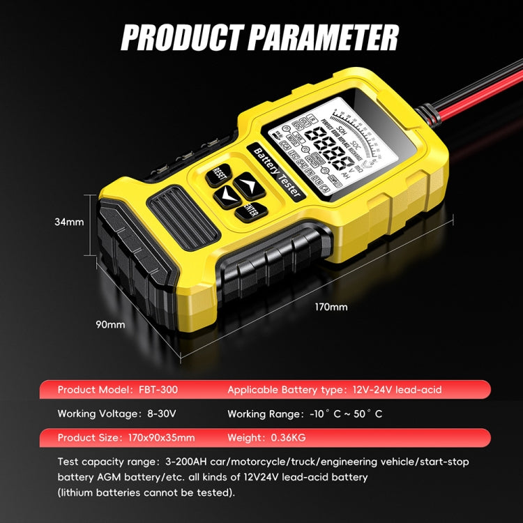 Yellow battery analyzer with LCD panel, buttons, and connected red test wires