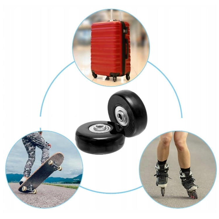 Black luggage spinner replacement wheels with metal bearings shown in use-style insets