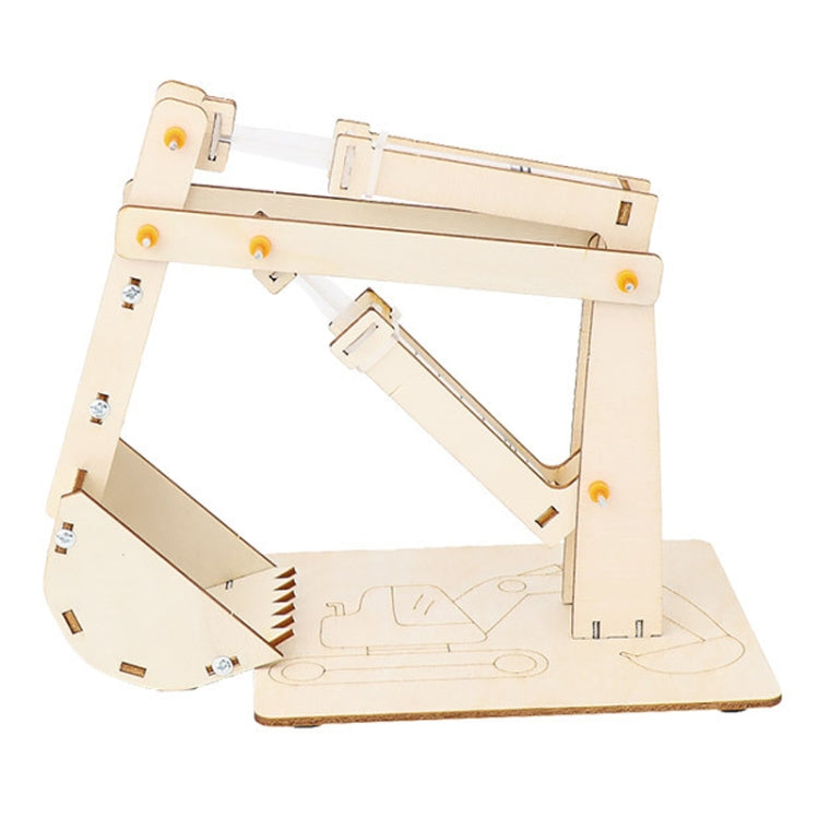 Wooden hydraulic excavator DIY model with raised boom, open base, and hydraulic cylinder