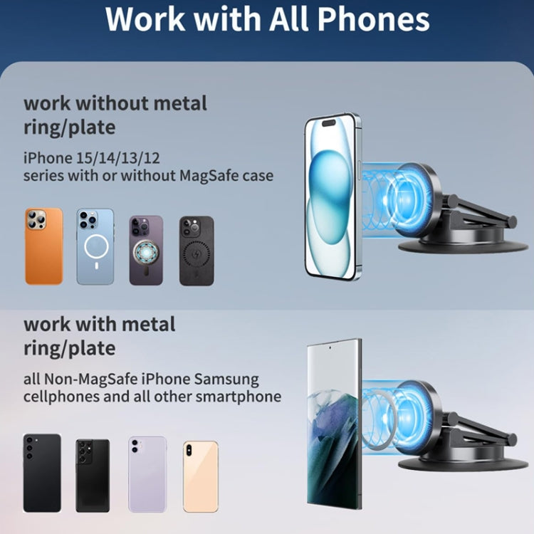 Magnetic phone holder with round plate compatible with phones with or without MagSafe case