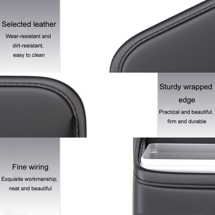 Car seat storage bag edge stitching detail, black leather-look, wrapped sturdy seam