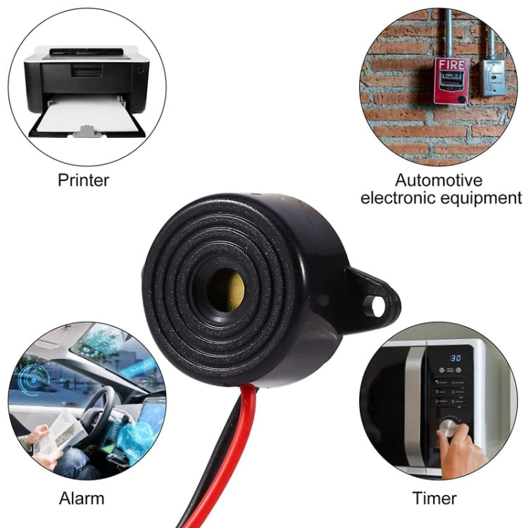 Black piezo buzzer with red and black power leads and mounting bracket