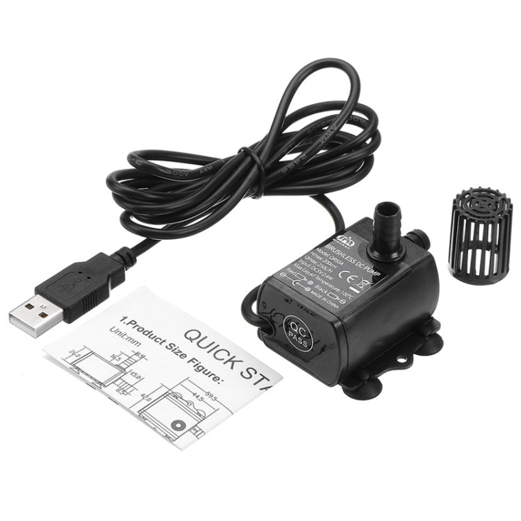 USB brushless DC water pump with long black cable, nozzle, and instruction sheet