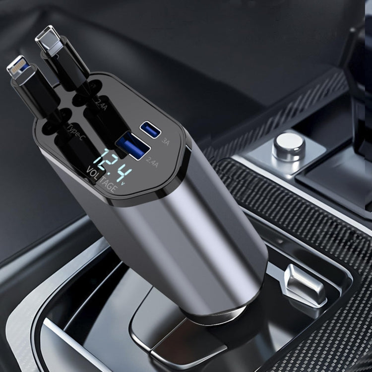 Retractable dual-line car fast charger with digital display and two USB ports