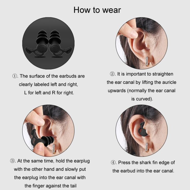 How-to wear diagram for black silicone earplugs: align left/right and insert gently