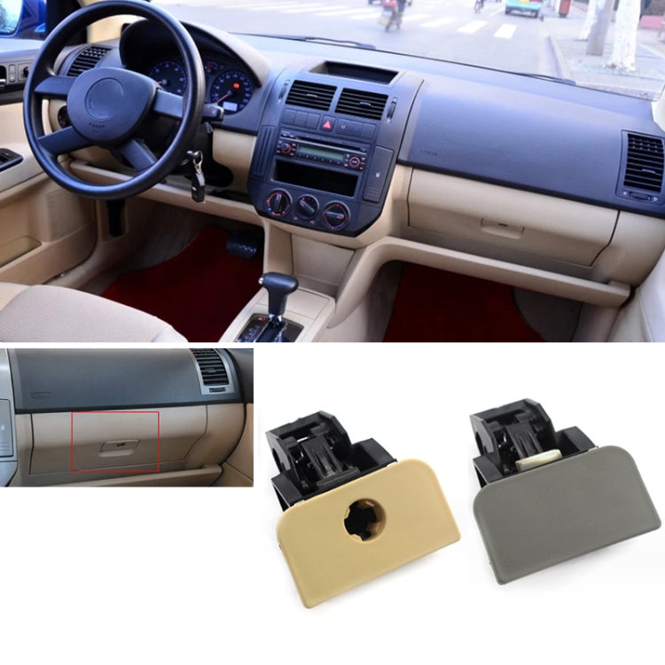 Pair of glove box lid handles in beige and gray with screw hole