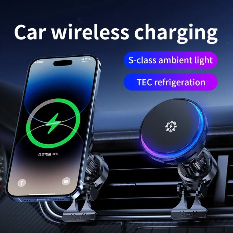 Car wireless charging phone holder with circular RGB LED ring, dashboard-mounted
