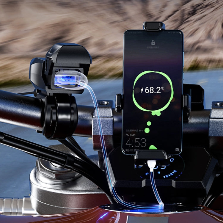Motorcycle handlebar phone charger with smartphone charging via blue cable