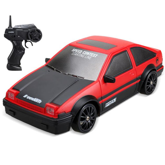 Red 1:24 RC drift racing car toy with black remote controller and side graphics