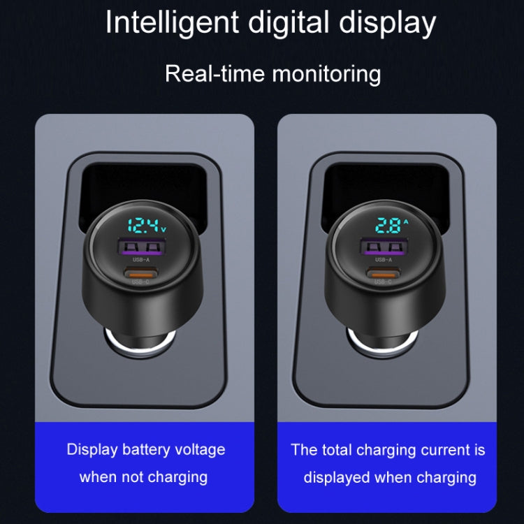 Black dual-port car charger with USB-A and USB-C ports, LED display