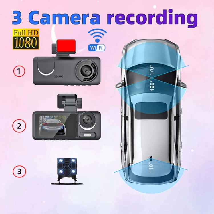 Triple-camera night vision driving recorder dash cam with Wi‑Fi icon shown