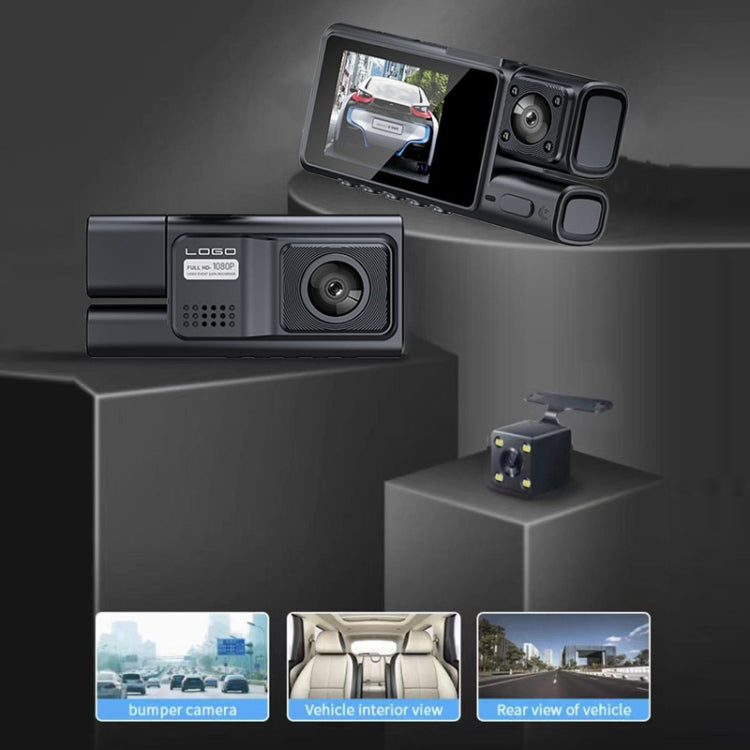 Car dash cam with front camera unit, secondary module, and sample view thumbnails
