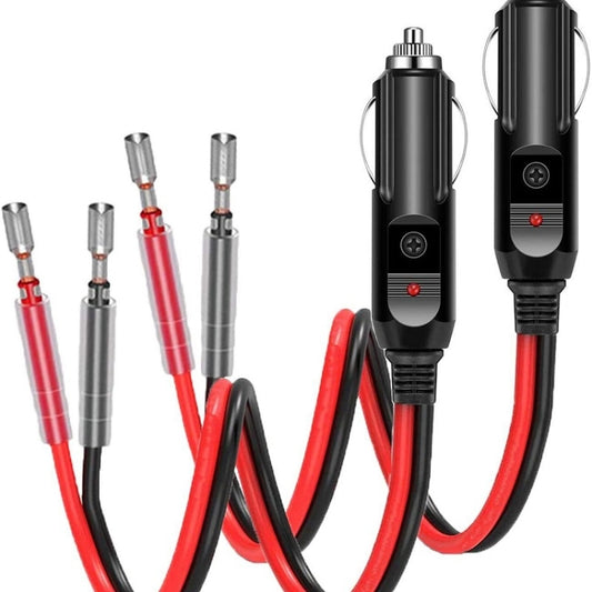Pair of fused cigarette lighter plugs with red/black wire leads and transparent terminal tips