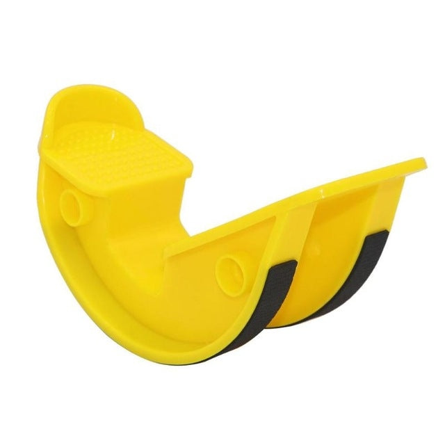 Yellow calf ankle massage stretcher pedal with textured foot pad and curved base